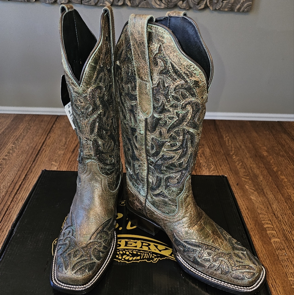 JB Dillon Western Cowboy Boots Ladies Sz 8 NEW WITH TAGS Dk Brown Green Glitter